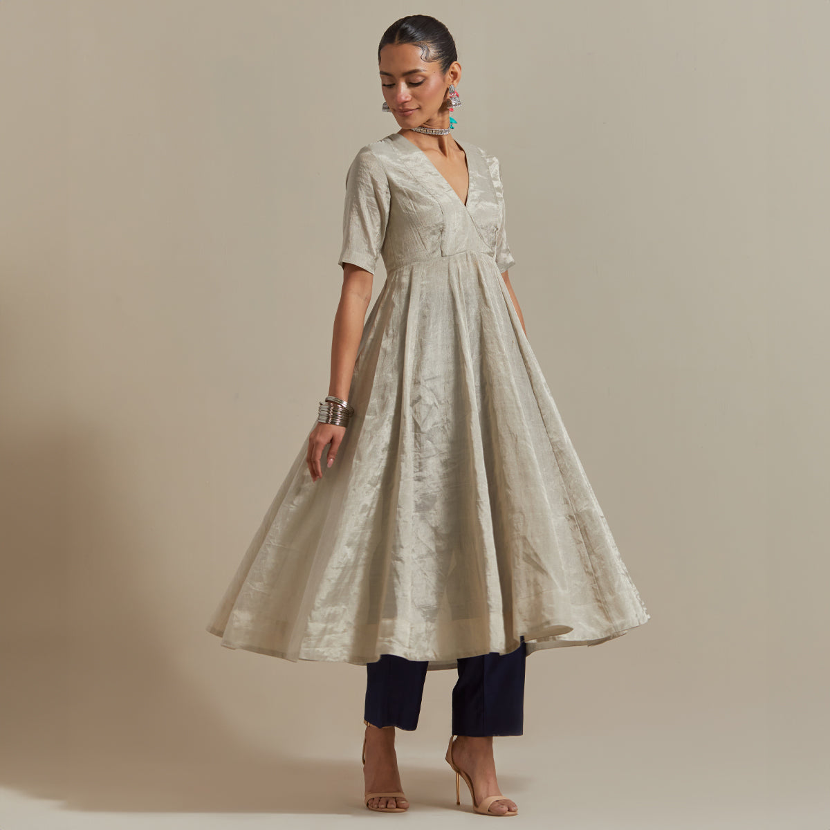 Silver Zari Anarkali, Pants and Blue Silver Stripes Dupatta in Chanderi Handloom