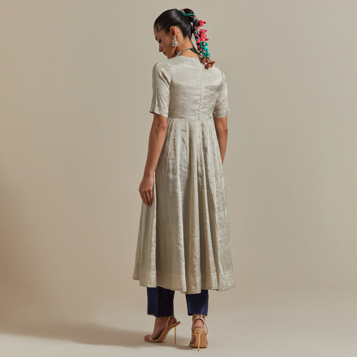 Silver Zari Anarkali, Pants and Blue Silver Stripes Dupatta in Chanderi Handloom