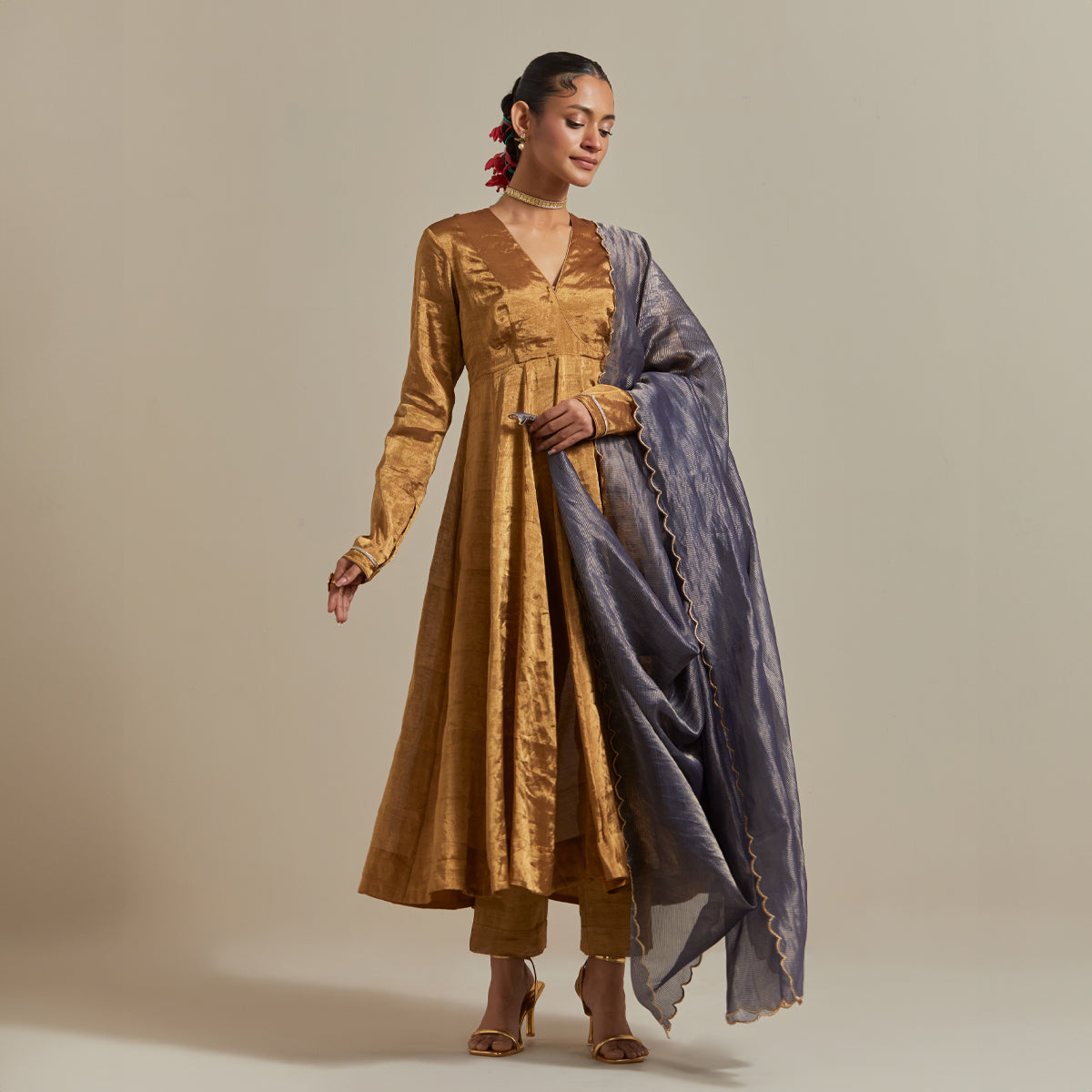 Gold Zari Silk Anarkali Set with Chanderi Stripe Scalloped Dupatta