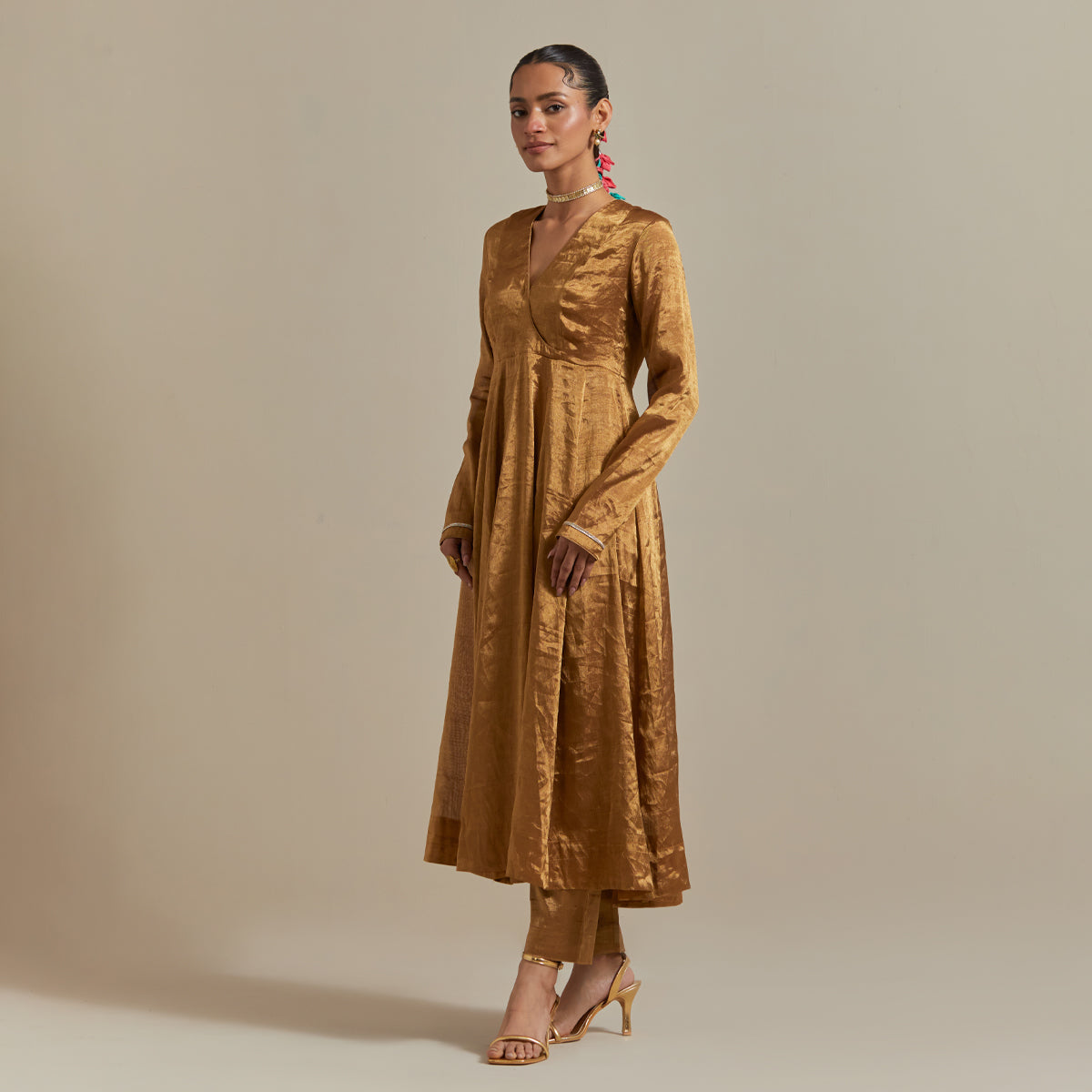 Gold Zari Silk Anarkali Set with Chanderi Stripe Scalloped Dupatta