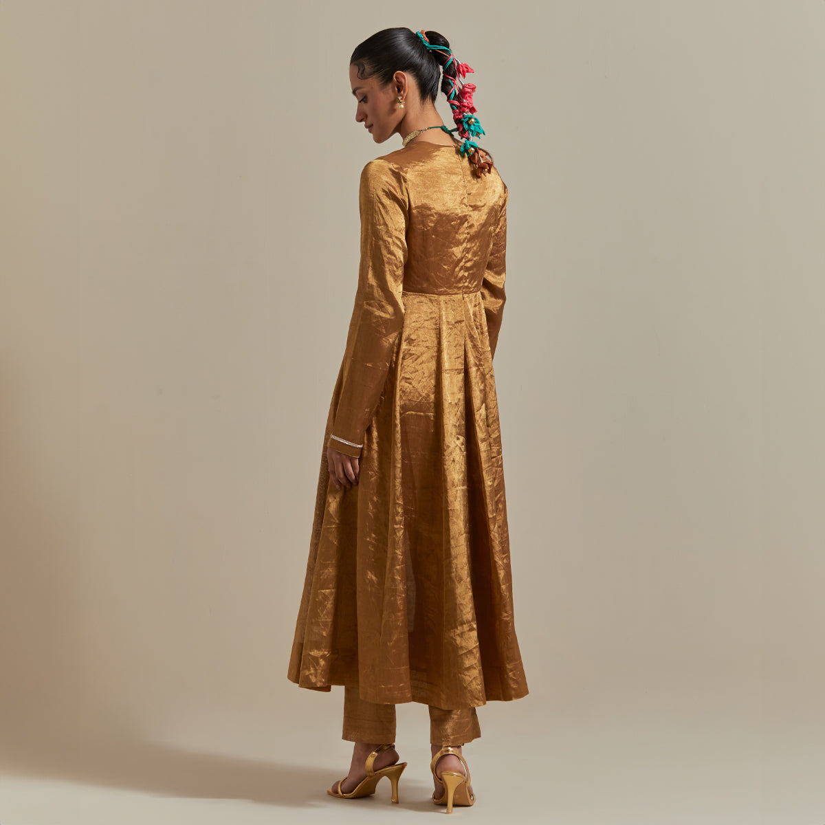 Gold Zari Silk Anarkali Set with Chanderi Stripe Scalloped Dupatta