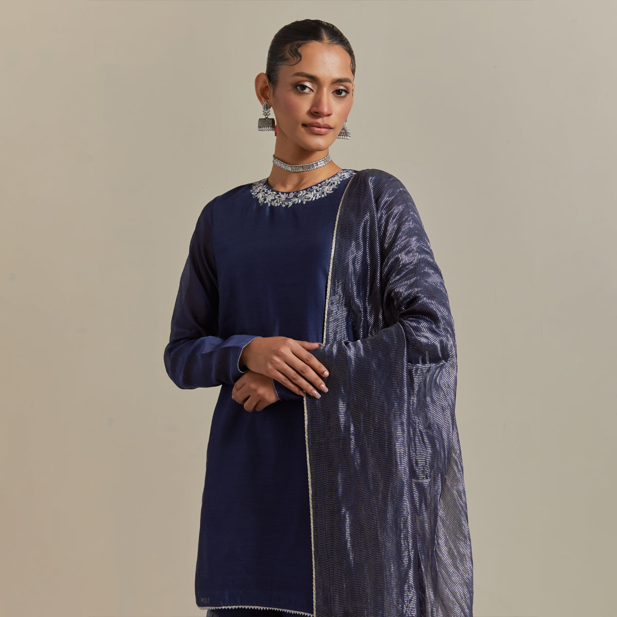 Embroidered Blue Chanderi Kurta & Gharara with Zari Stripe Dupatta
