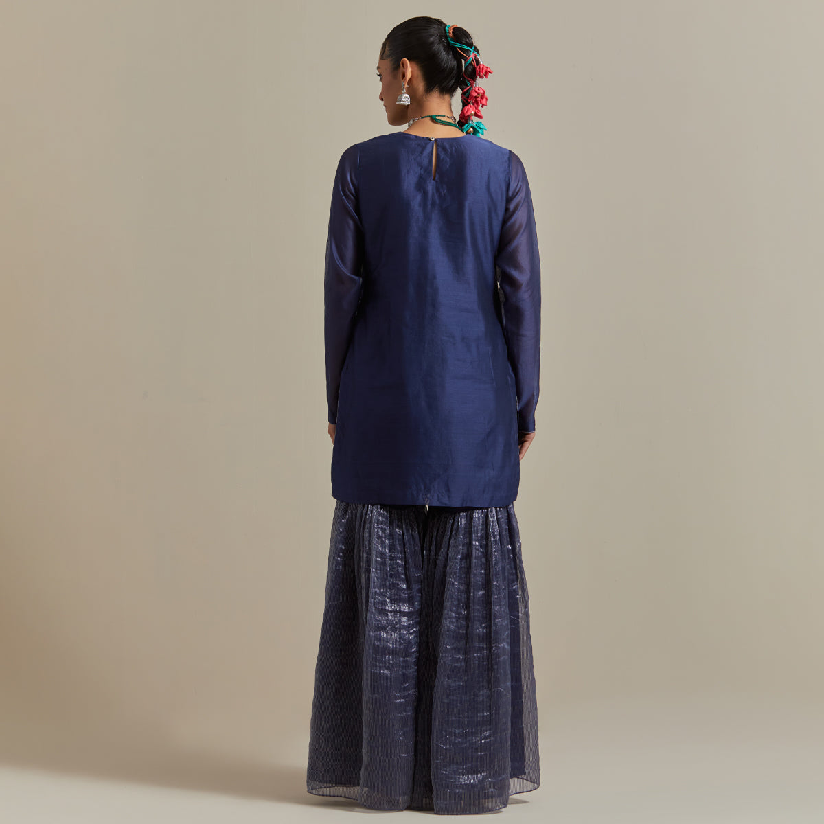 Embroidered Blue Chanderi Kurta & Gharara with Zari Stripe Dupatta