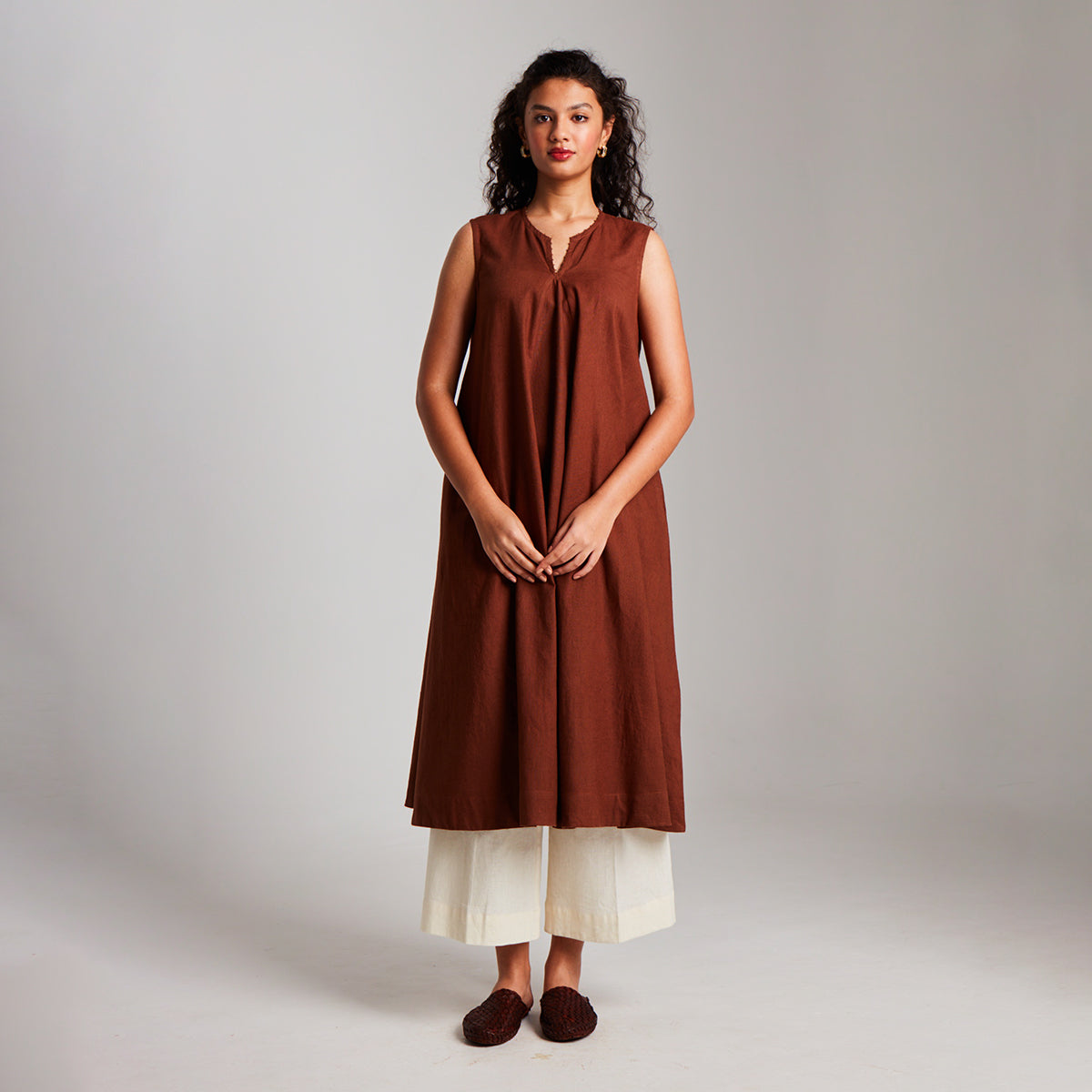 Mocha Co-Linen Sleeveless Flared Kurta