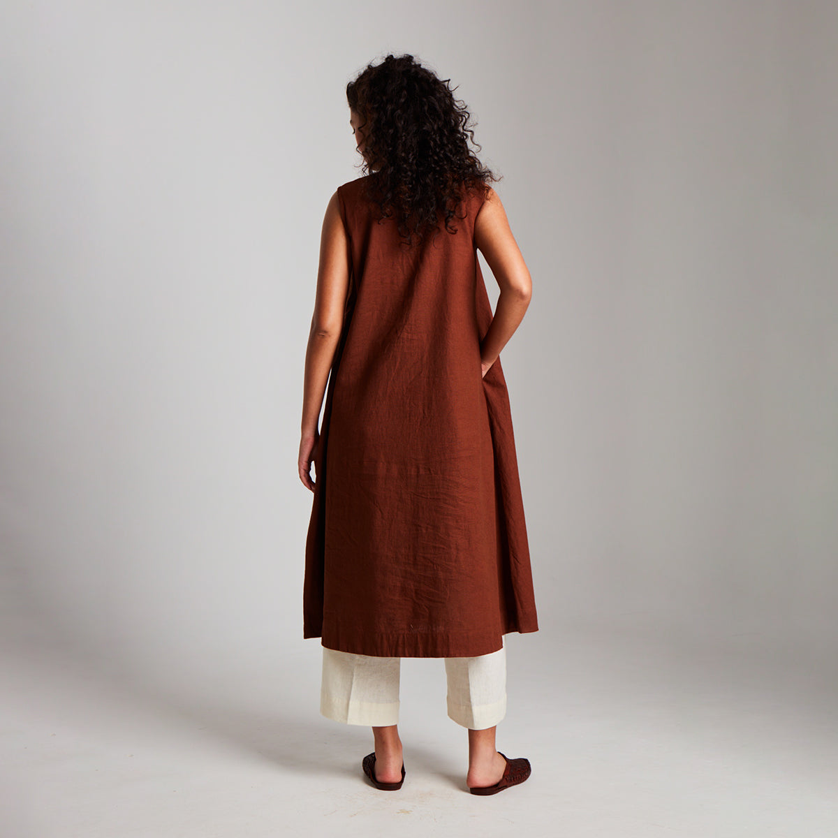 Mocha Co-Linen Sleeveless Flared Kurta