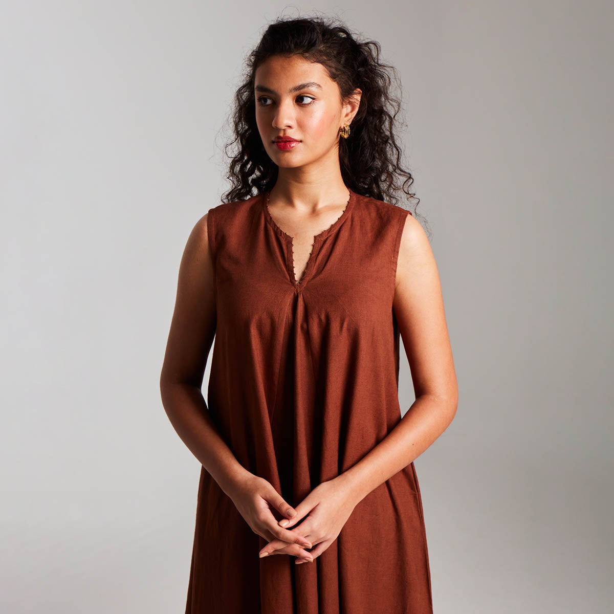 Mocha Co-Linen Sleeveless Flared Kurta