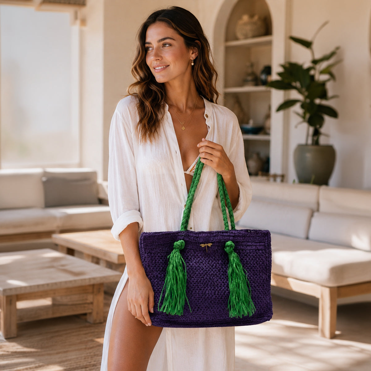 Violet hour raffia tote