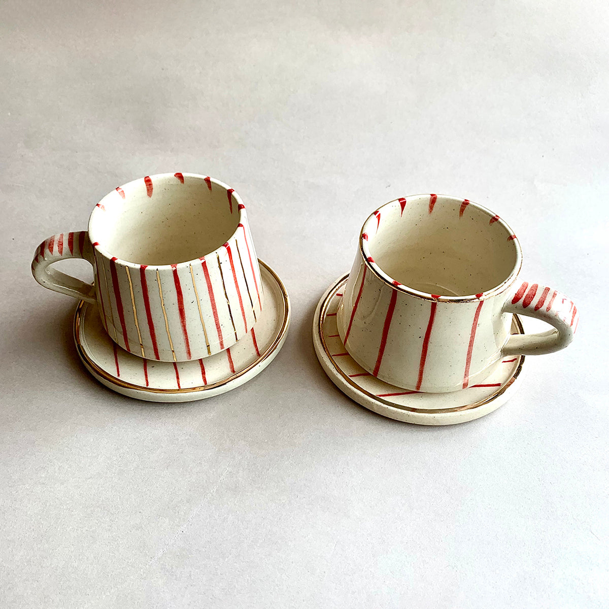 Hand painted Red and white cup and saucer | Set of 2