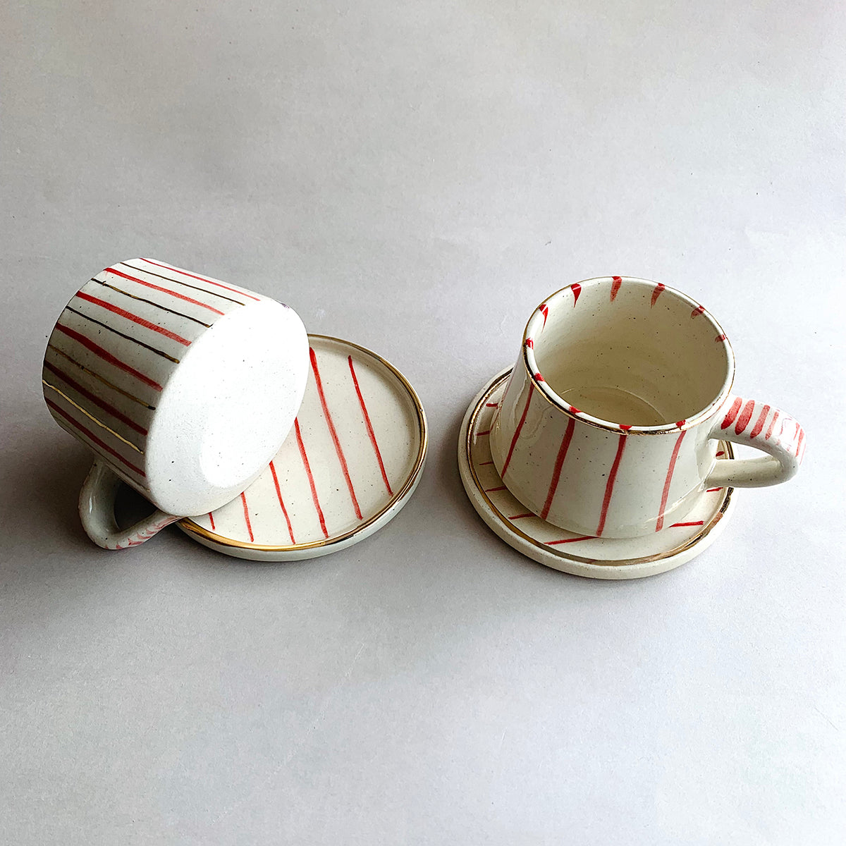 Hand painted Red and white cup and saucer | Set of 2