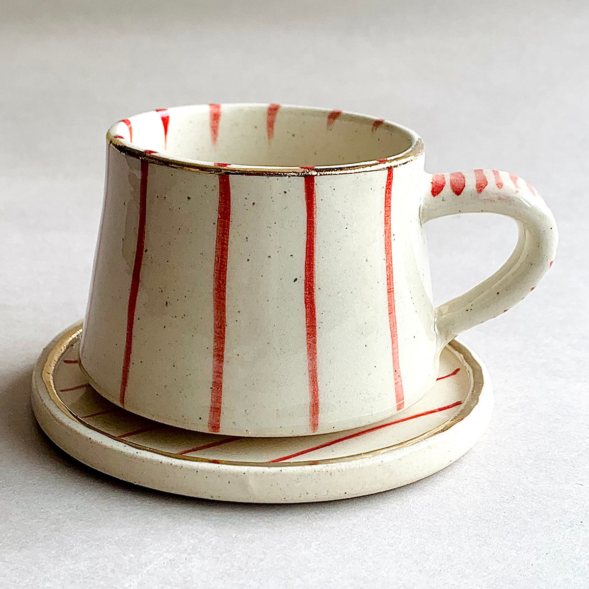 Hand painted Red and white cup and saucer | Set of 2