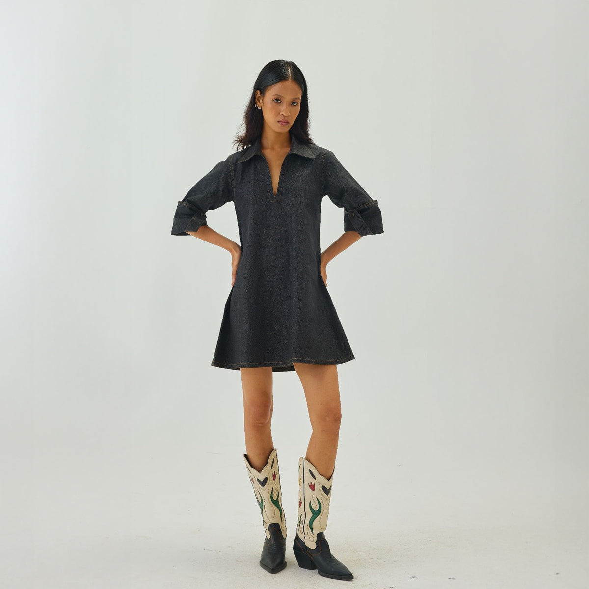 Denim V-Neck Collar A-Line Mini Dress | Graphite