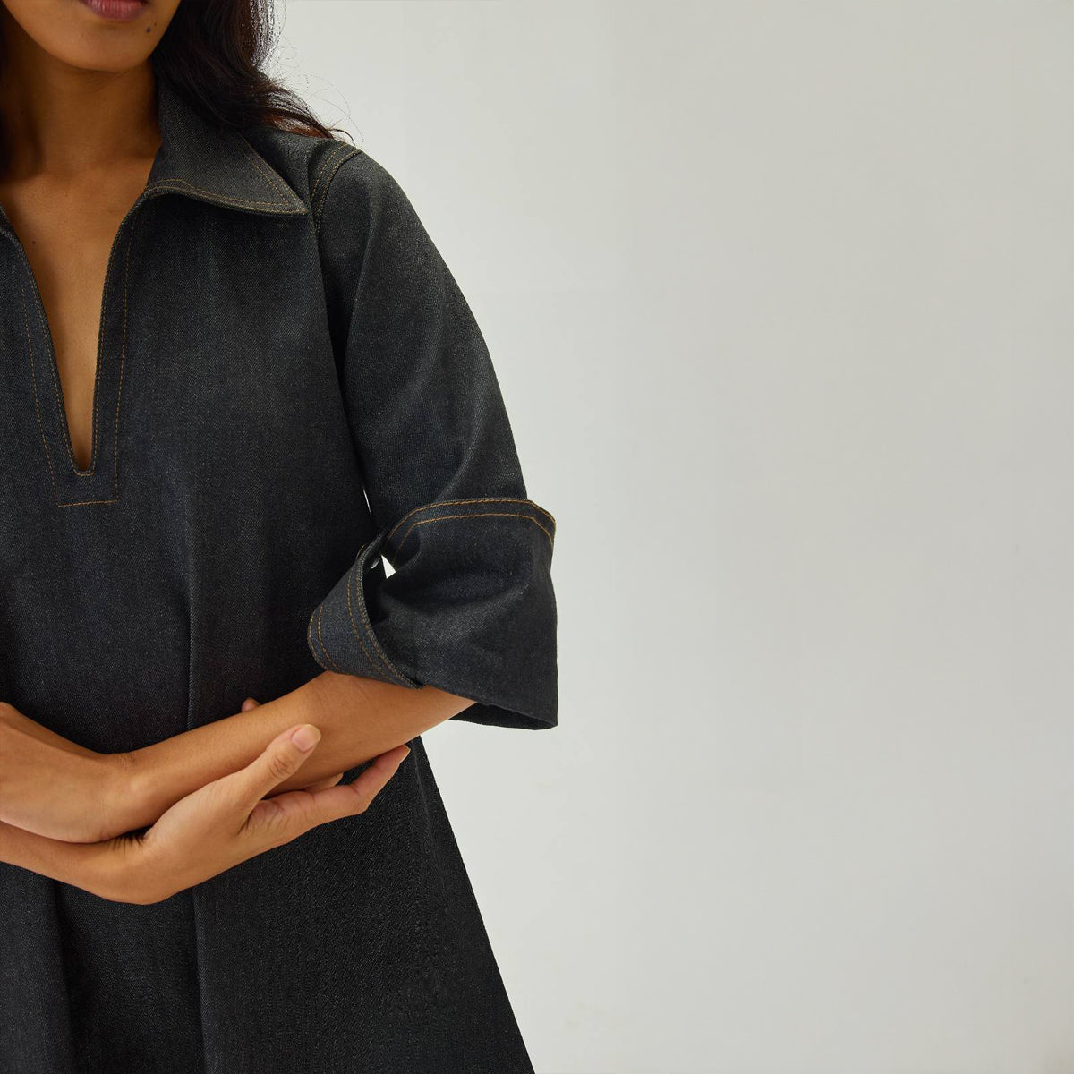 Denim V-Neck Collar A-Line Mini Dress | Graphite