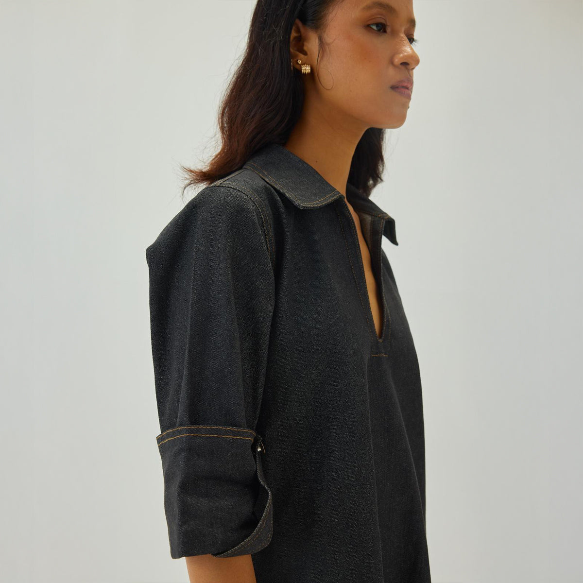 Denim V-Neck Collar A-Line Mini Dress | Graphite
