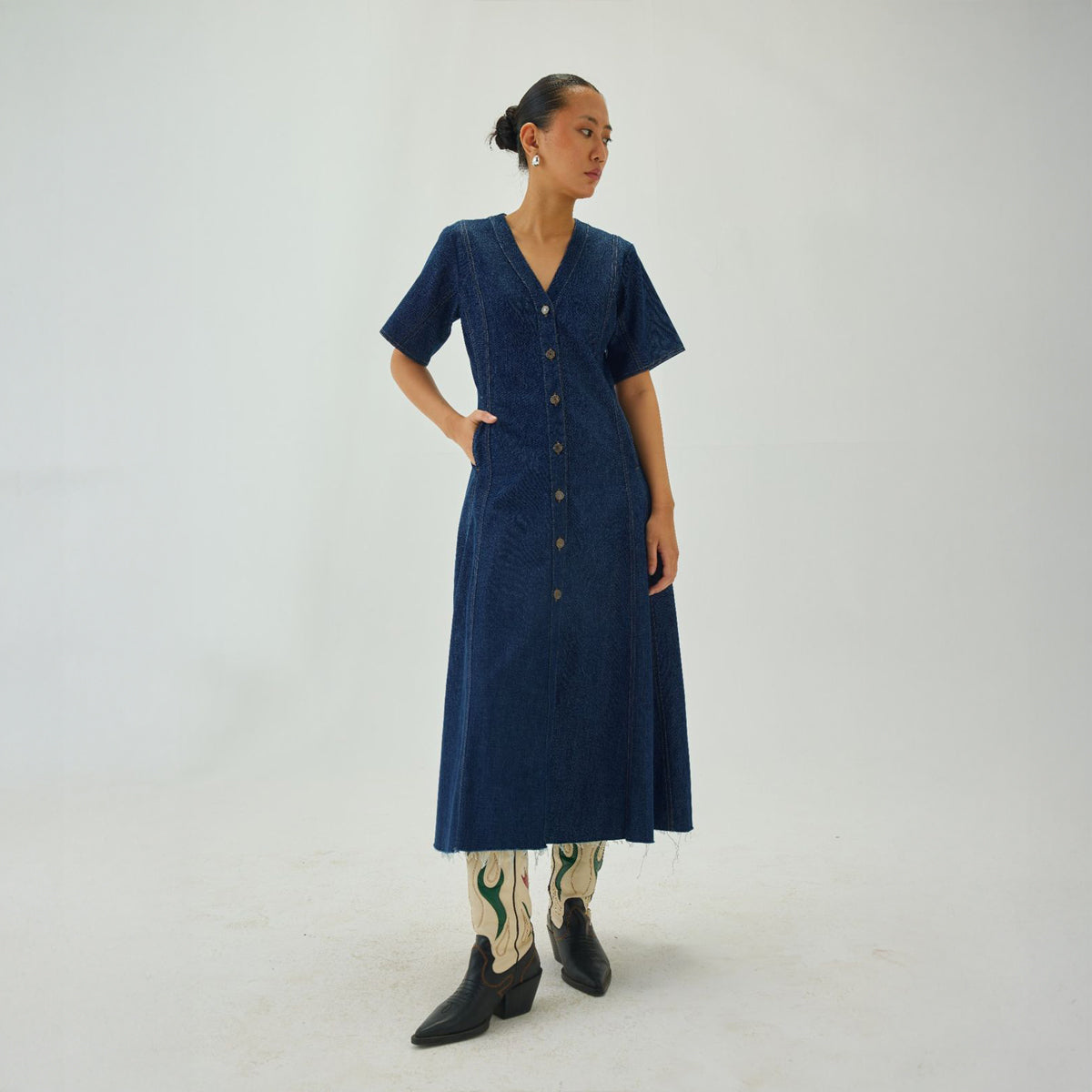A-line Denim Midi Dress | Blue