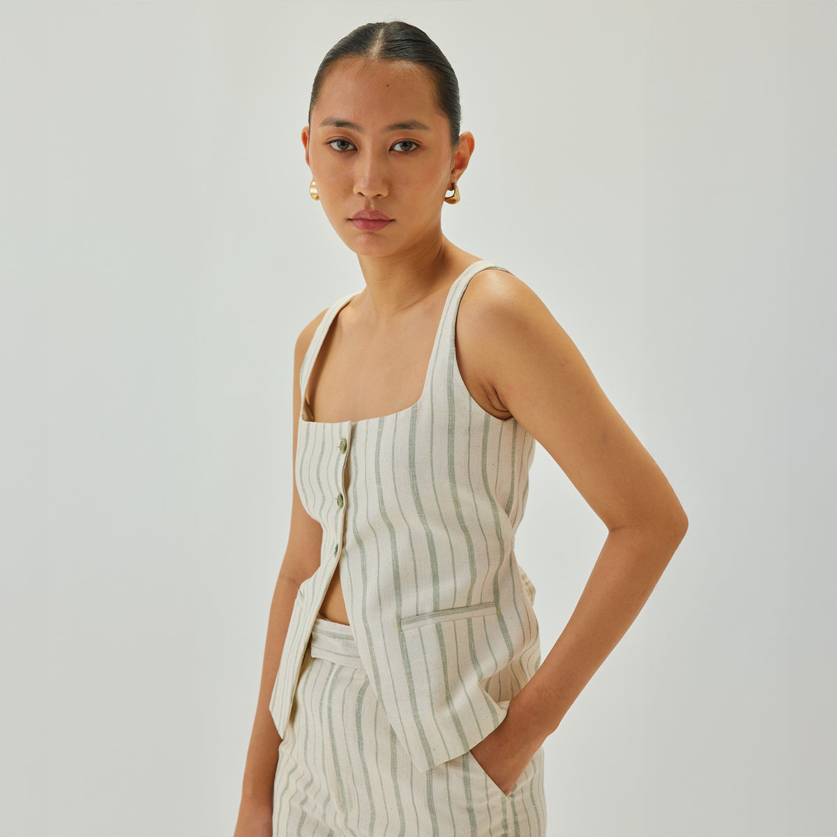Linen Striped Square Neck Waistcoat | Off White & Green