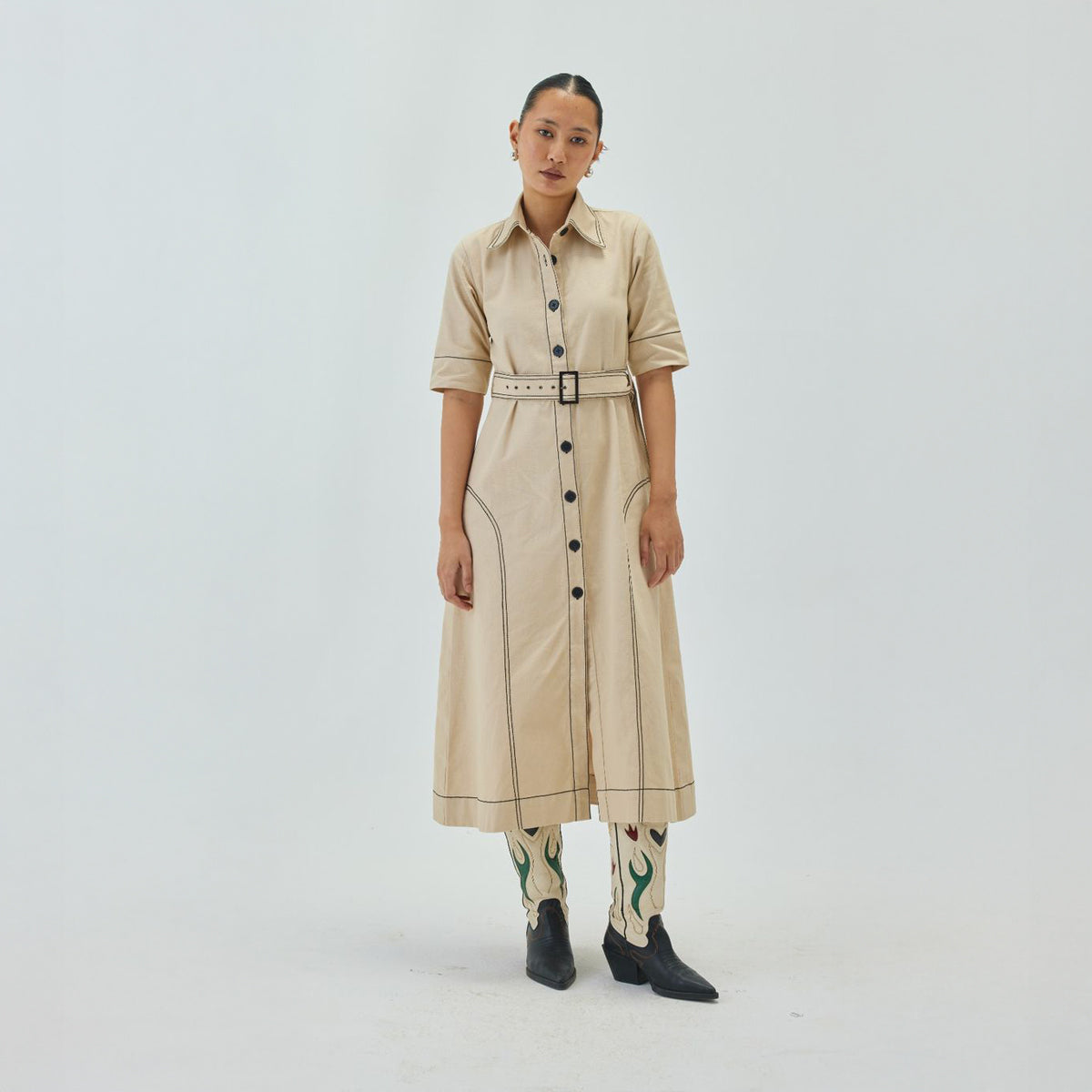 Top Stitch Midi Shirt Dress | Off White