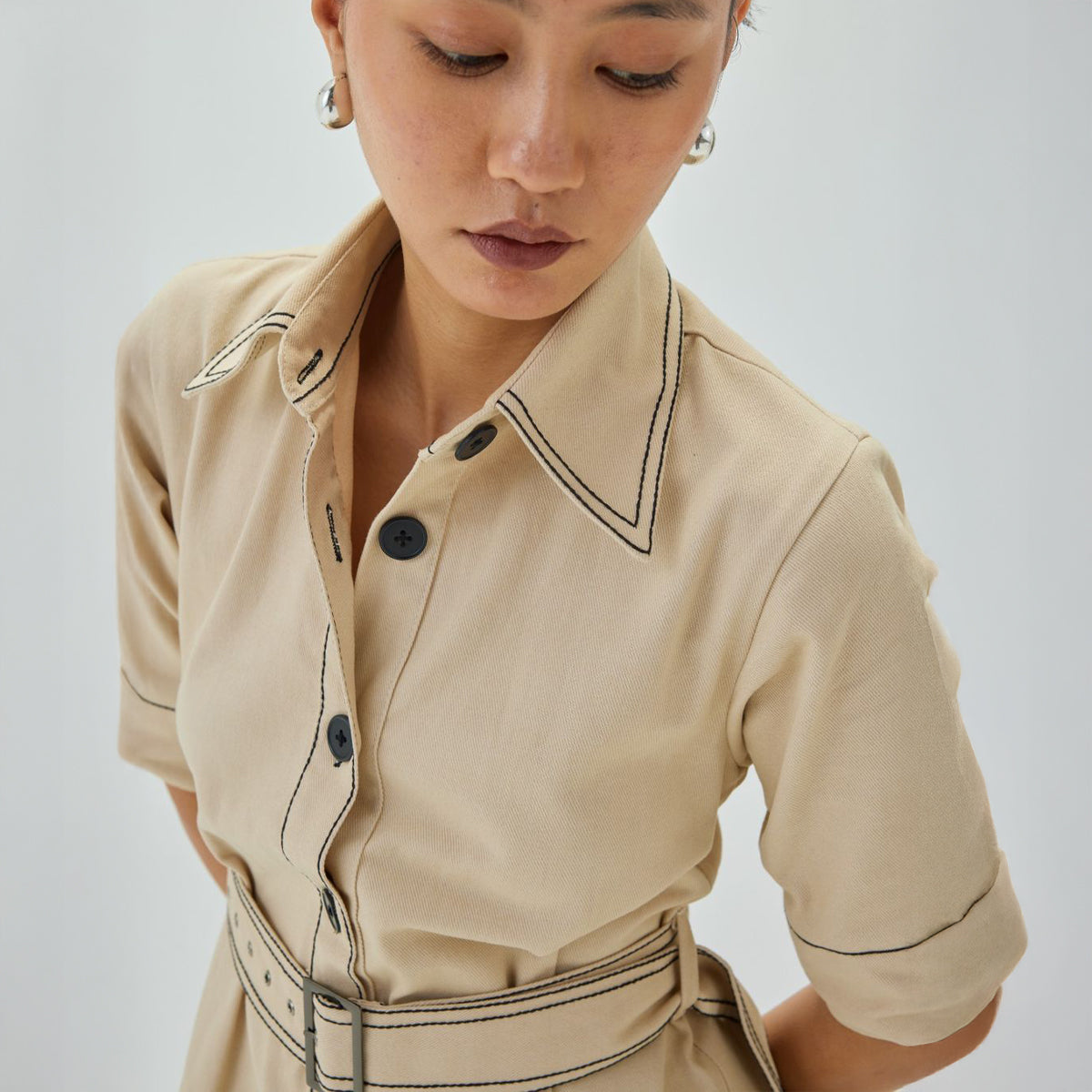 Top Stitch Midi Shirt Dress | Off White