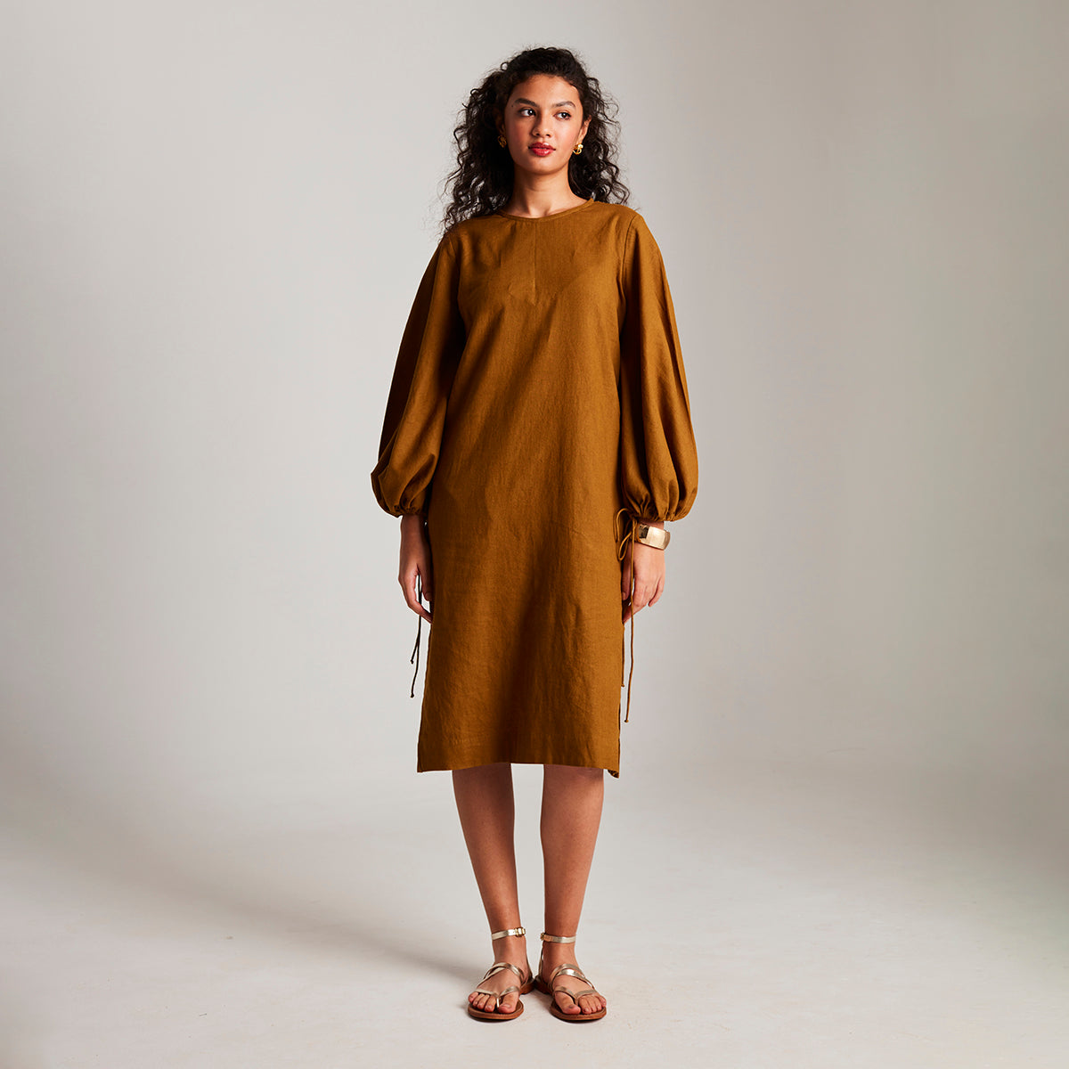 Olive Co-Linen Balloon Sleeves Dress