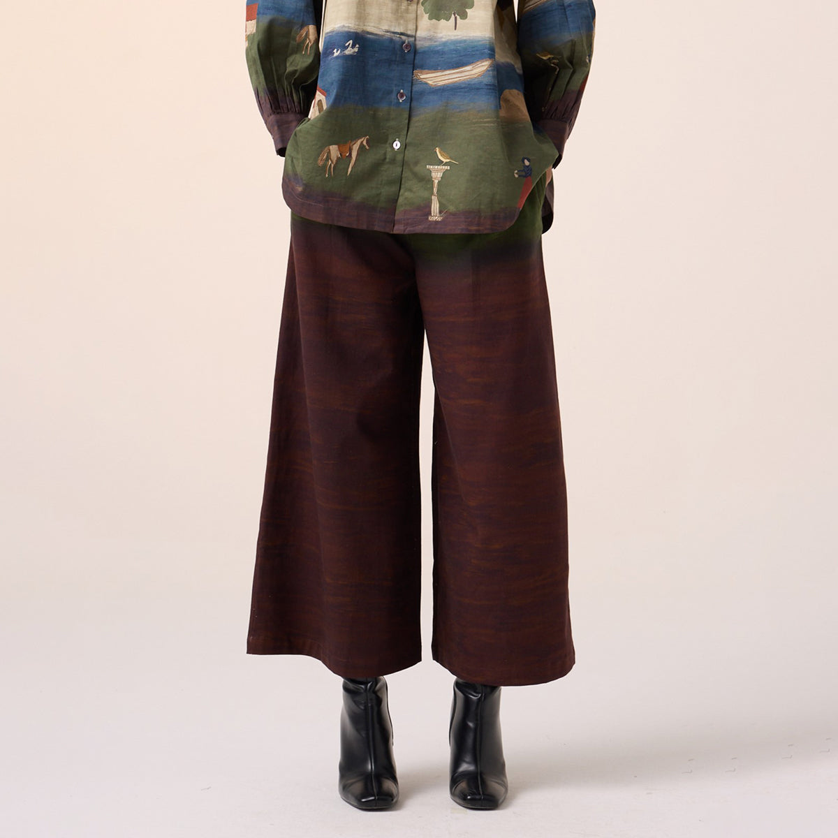 Wide Leg Pant (Maroon Olive Village Print)