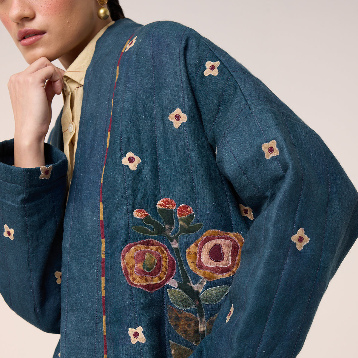 Quited Front Open Jacket Set (Dark Blue Flower Applique)