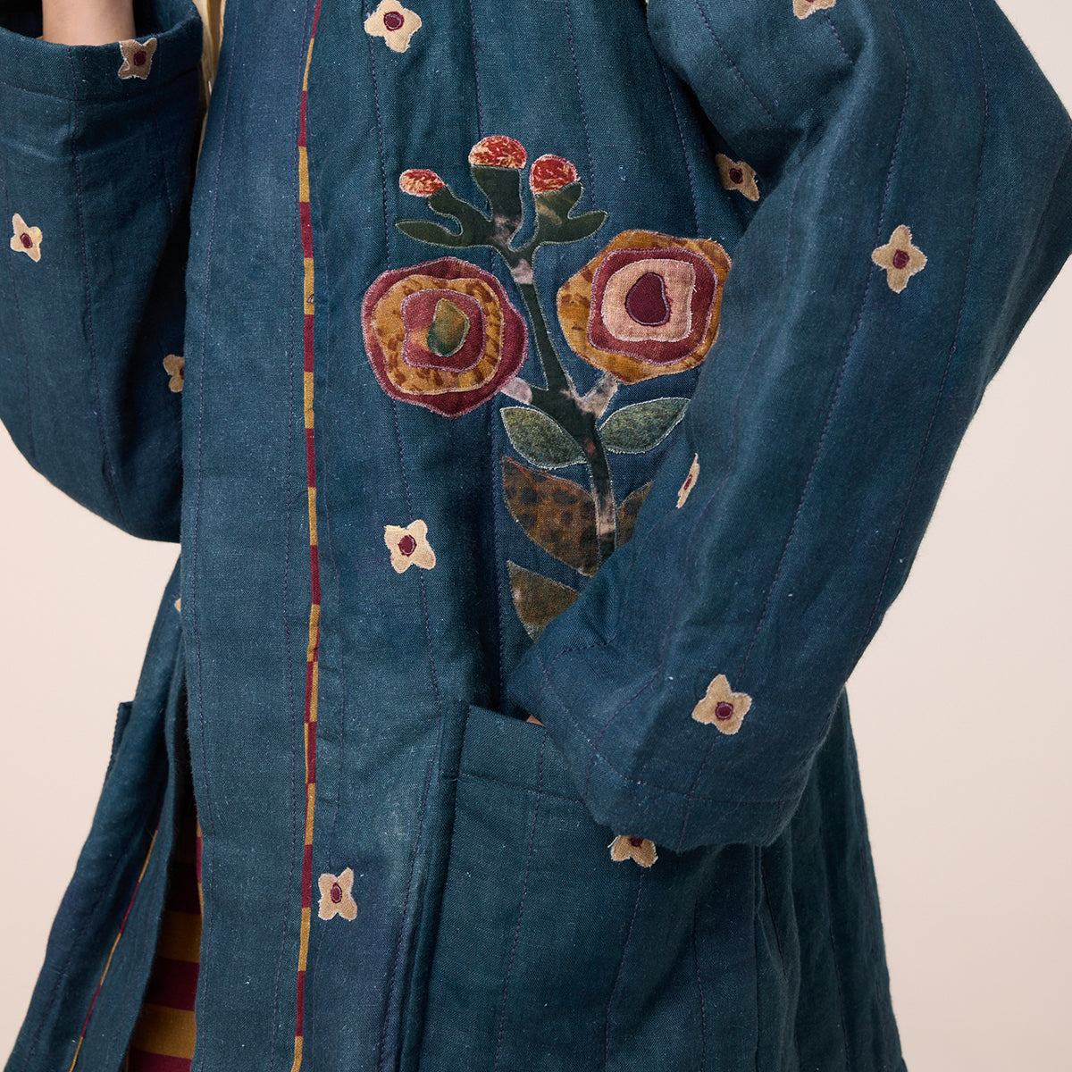 Quilted Front Open Jacket (Dark Blue Flower Applique)