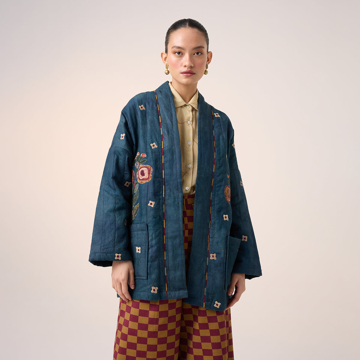 Quited Front Open Jacket Set (Dark Blue Flower Applique)