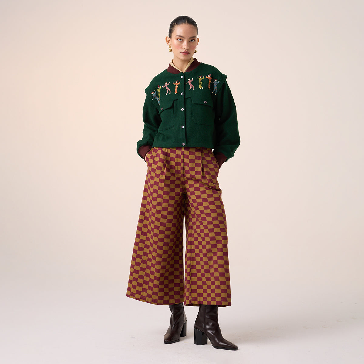 Wide Leg Pant (Maroon Olive Checks)