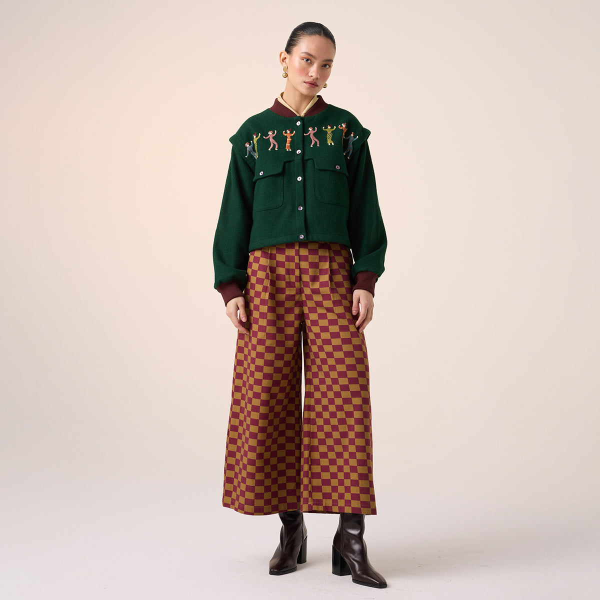 Wide Leg Pant (Maroon Olive Checks)