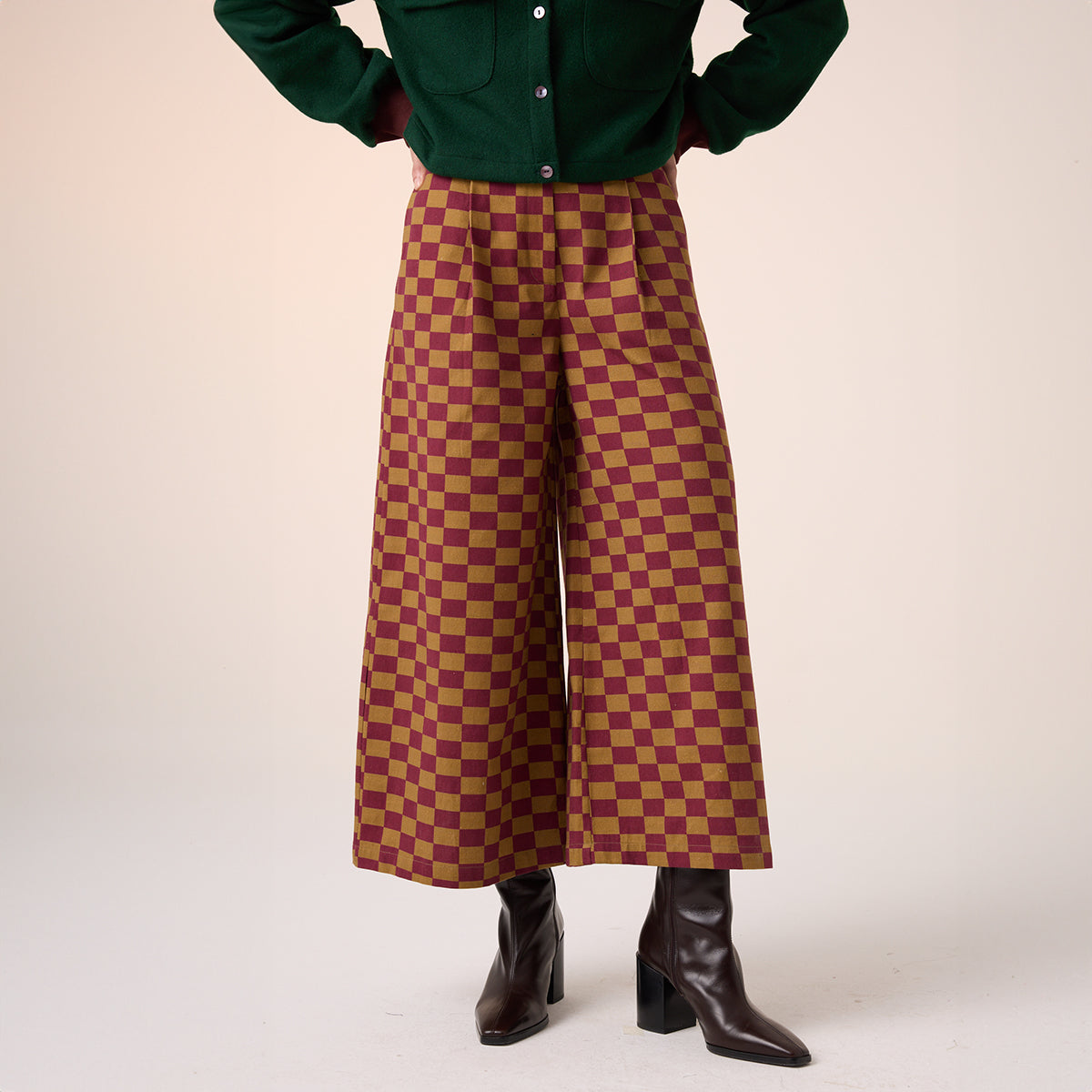 Wide Leg Pant (Maroon Olive Checks)