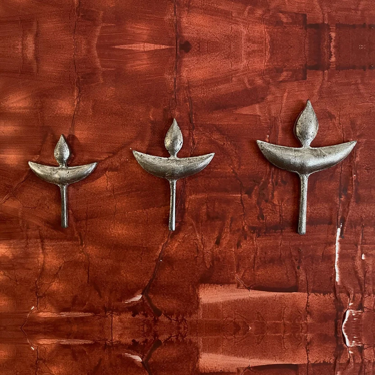 Nuri Wooden Diya Wall Decor | Antique Silver Foil | Set of 3