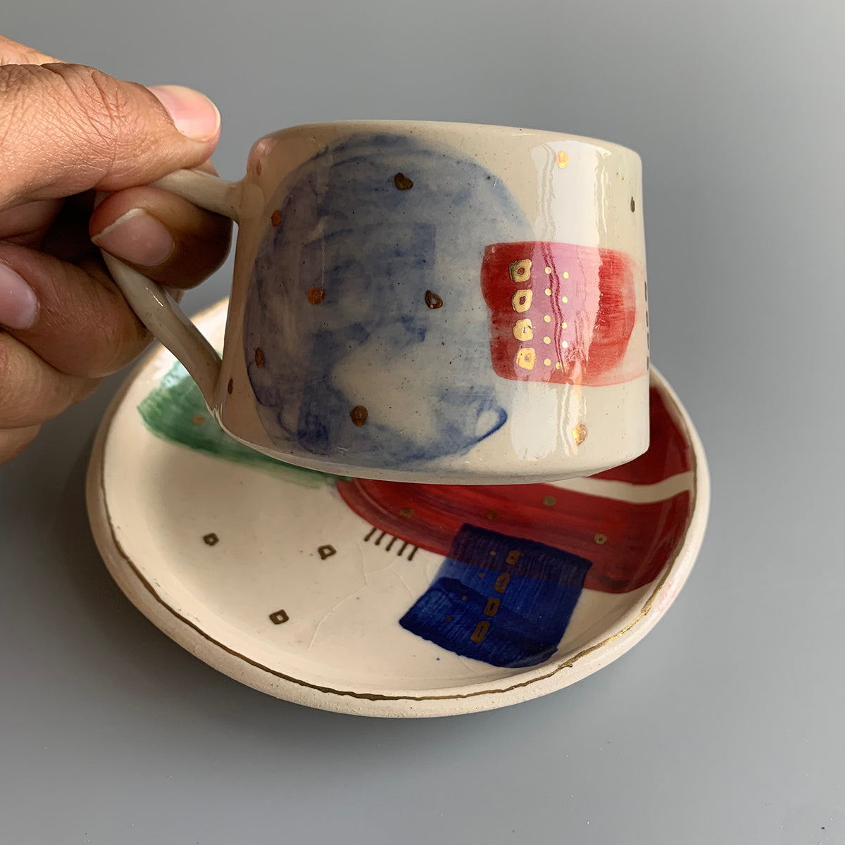 Hand Painted Cup And Saucer | Abstract Artwork | Set Of Two