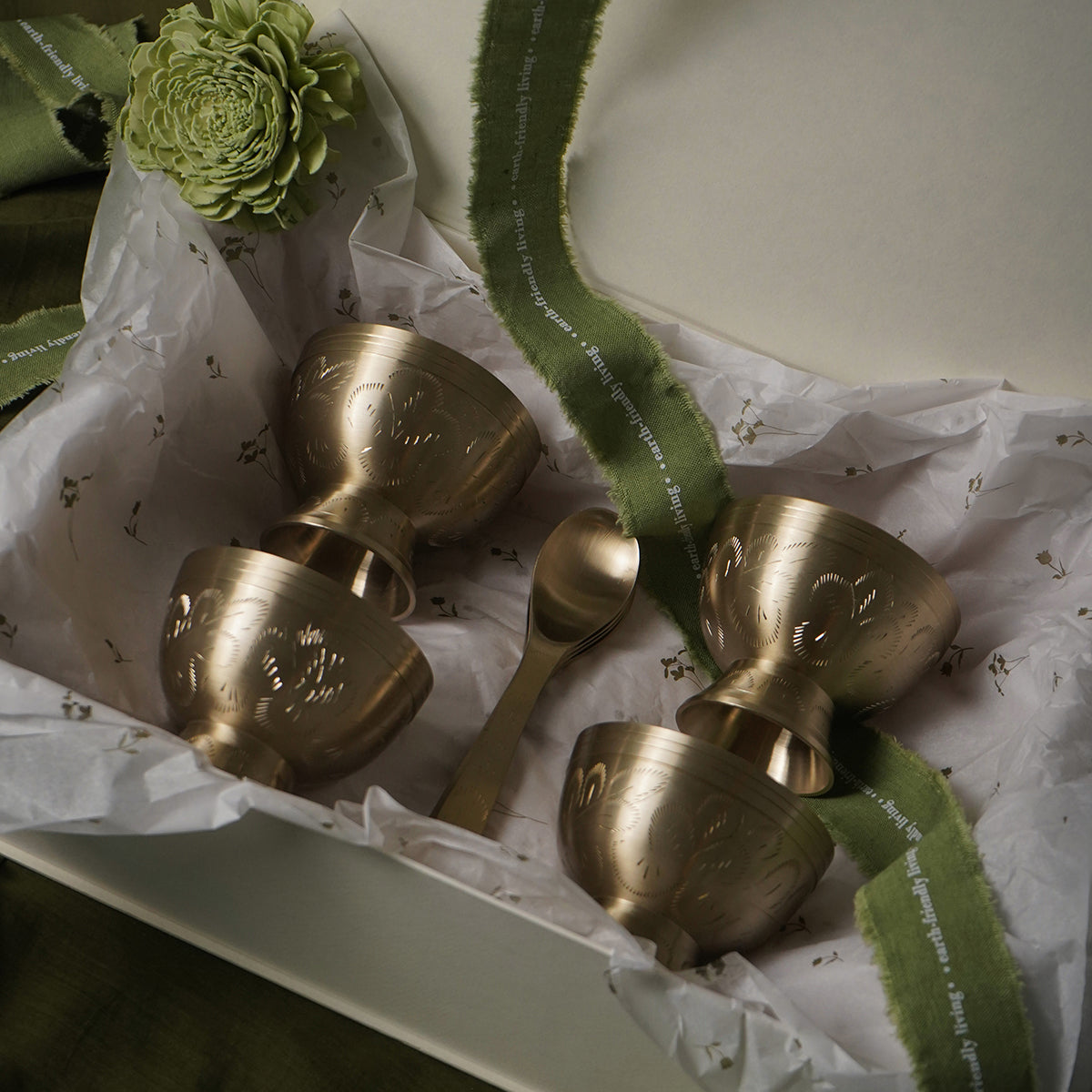 Gift Set - Bloom Brass Cup With Spoon - Set of 4