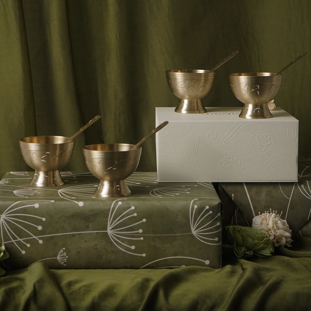 Gift Set - Bloom Brass Cup With Spoon - Set of 4