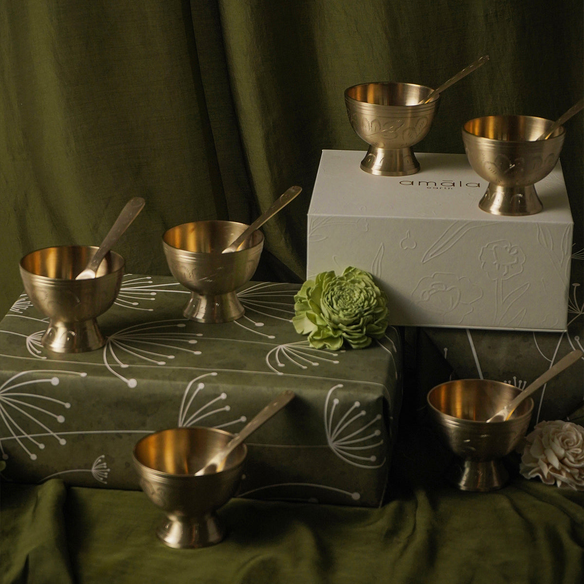 Bloom Brass Cup with Spoon | Set of 6