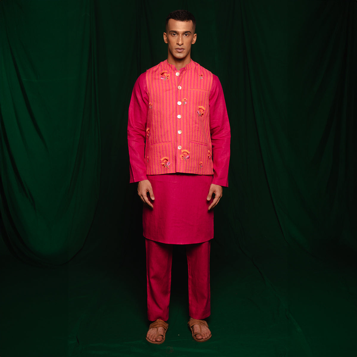 Coral Linen Nehru Jacket