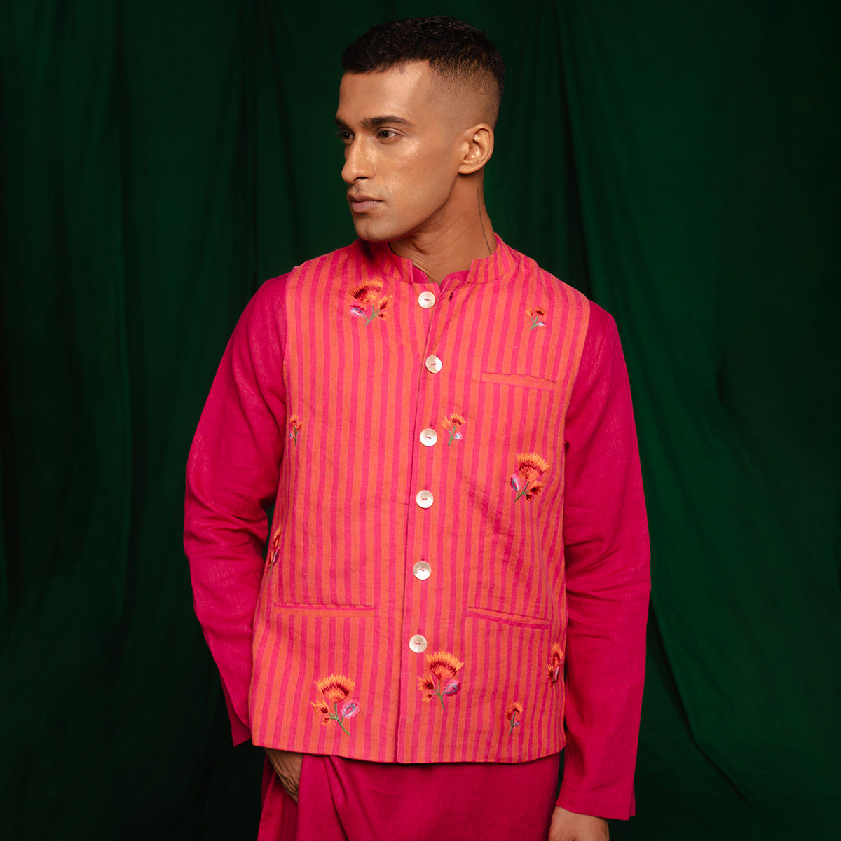 Coral Linen Nehru Jacket