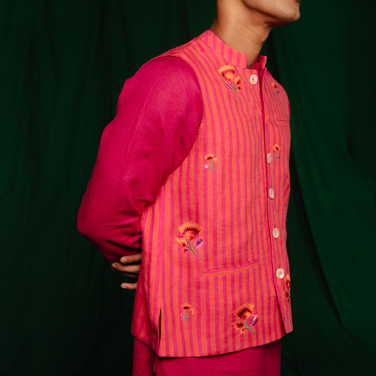 Coral Linen Nehru Jacket