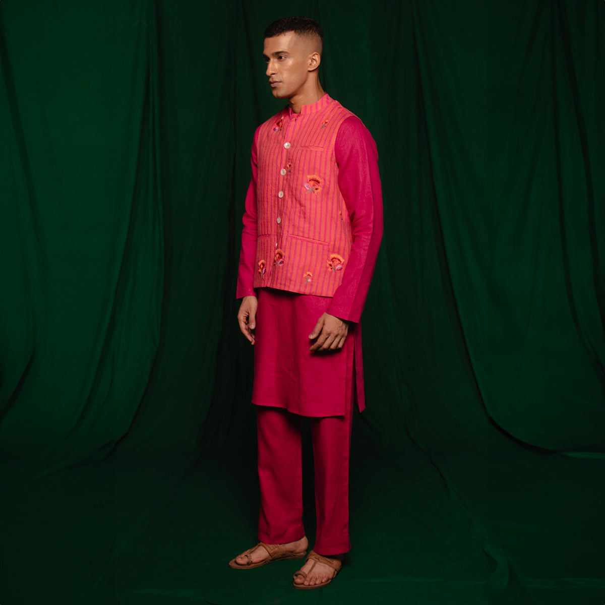 Coral Linen Nehru Jacket