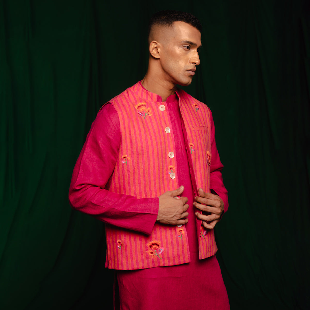 Coral Linen Nehru Jacket