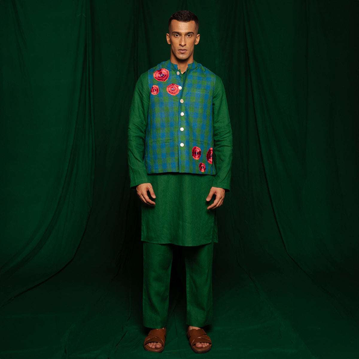 Forest Linen Nehru Jacket