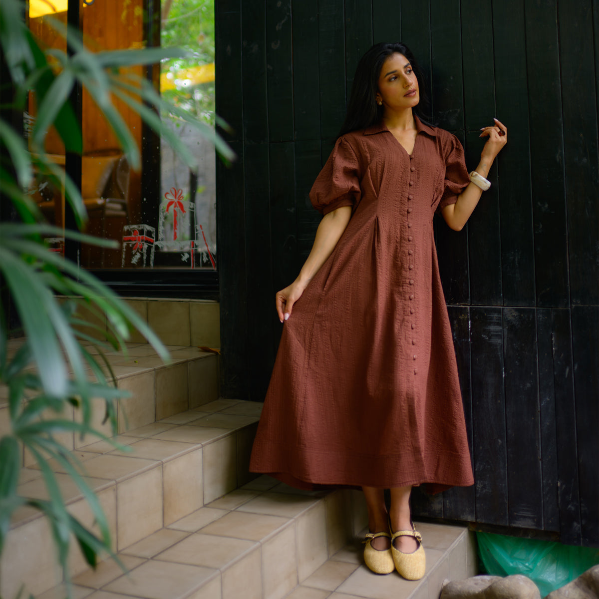 Rust Brown Twirl Flounce Maxi Dress