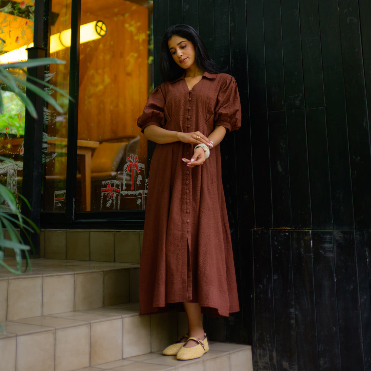 Rust Brown Twirl Flounce Maxi Dress