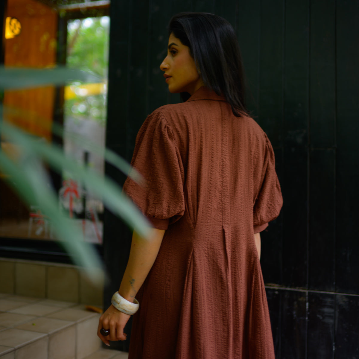 Rust Brown Twirl Flounce Maxi Dress