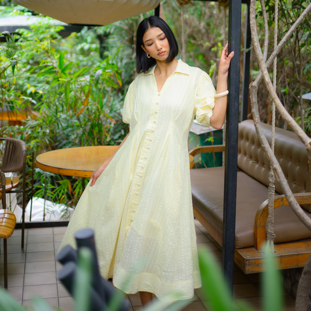 Butter Yellow Twirl Flounce Maxi Dress