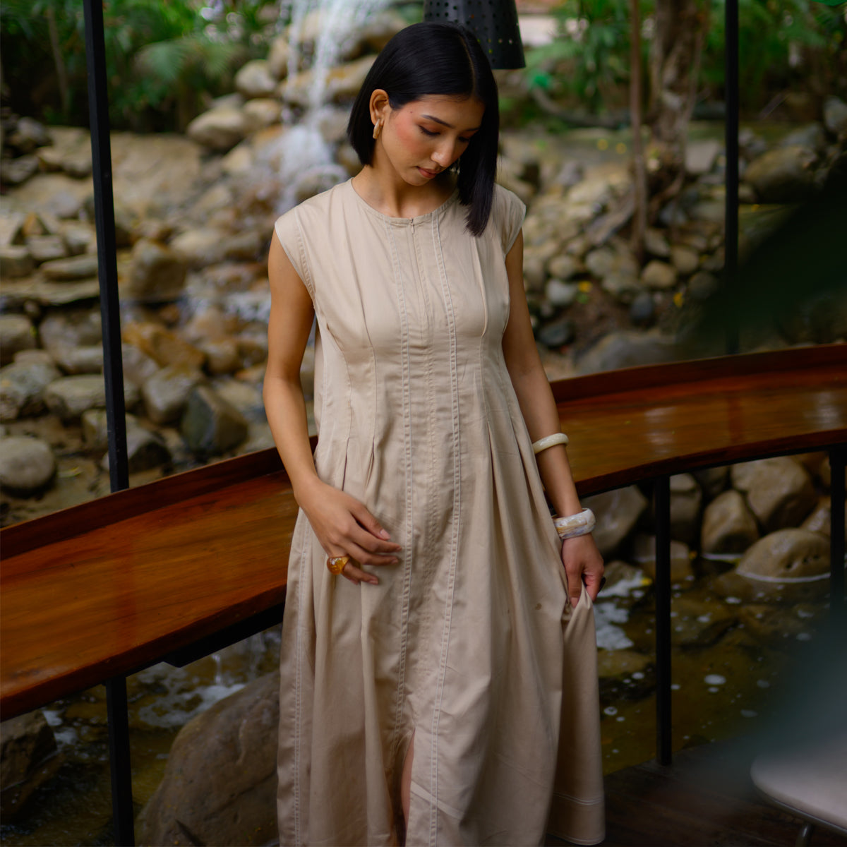Beige Daybreak Zipper Maxi Dress