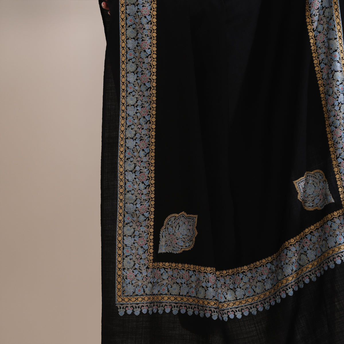 Abhuti Intricate Embroidered Shawl With Borderblack
