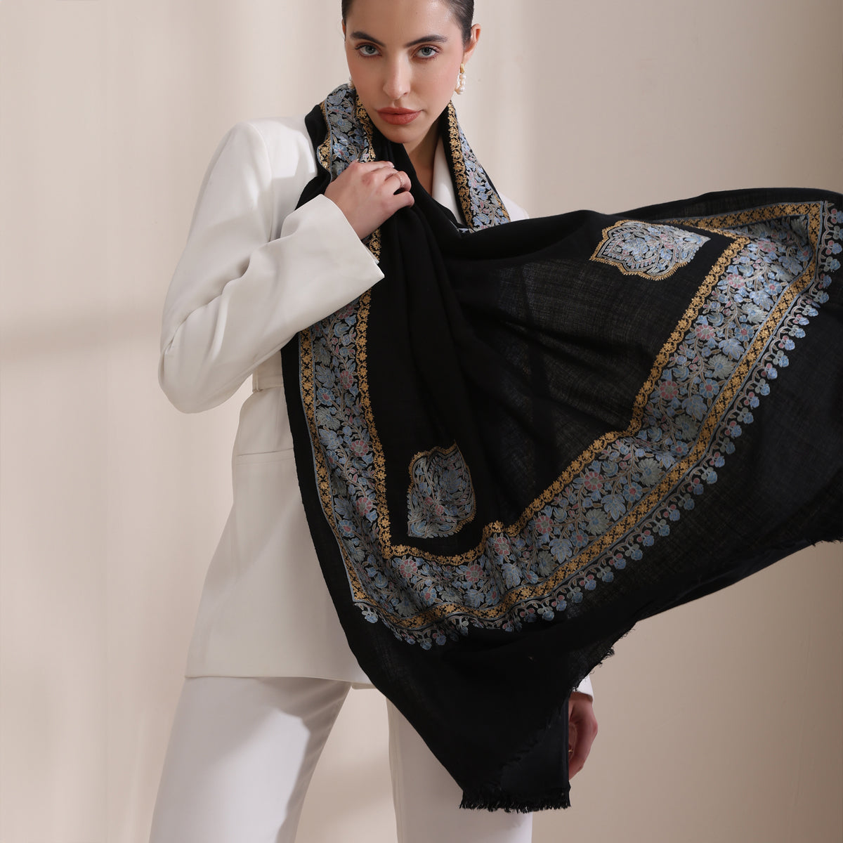 Abhuti Intricate Embroidered Shawl With Borderblack