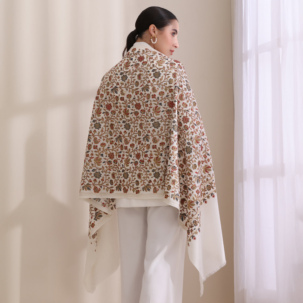 Maya Allover Embroidered Stole, Ivory