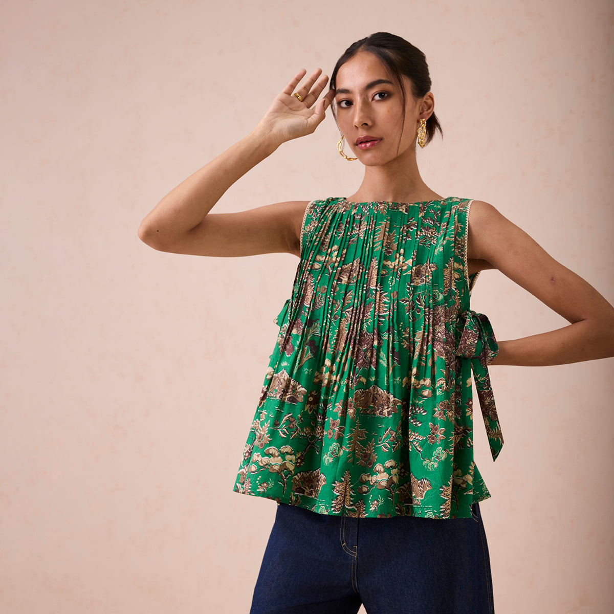 Emerald Pine Pleated Lyocell Blouse