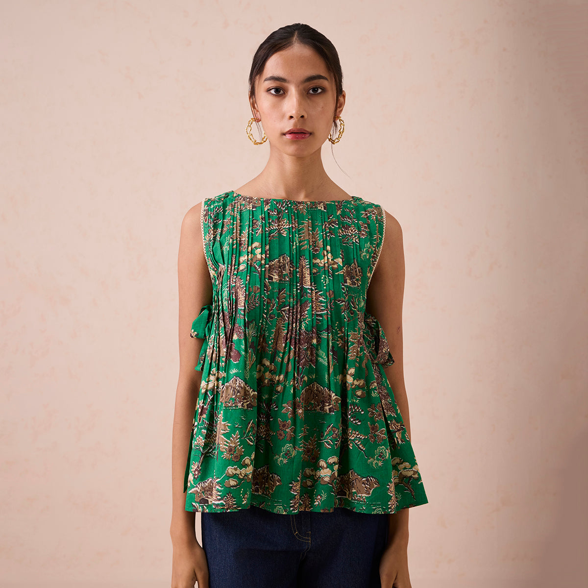 Emerald Pine Pleated Lyocell Blouse